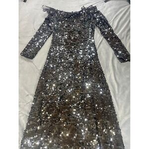 BCBG Max Azria Pewter Sequin Long Sleeve Off Shoulder Floor Length Gown Size XXS